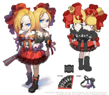 4girls ankle_boots back_ribbon black_boots black_ribbon black_shirt blonde_hair blue_eyes boots bow buttons caesty center_frills clenched_hand collarbone colored_skin commentary_request company_name conjoined copyright_notice crack_twins cracked_skin dated_commentary dual_persona english_text folded_fan folding_fan frills from_behind frown full_body furrowed_brow gothic_lolita hair_bow hair_bun hand_fan holding holding_fan kneepits korean_commentary korean_text lace lace-up_boots legs_apart lolita_fashion looking_at_viewer miniskirt monster_girl multiple_girls nape nexon official_art one-eyed production_art puffy_short_sleeves puffy_sleeves red_bow red_ribbon red_skirt ribbon ribbon-trimmed_skirt ribbon_trim seams shadow shirt shirt_ribbon short_sleeves siblings simple_background skirt skull_ornament standing strapless strapless_shirt tales_weaver teeth tied_sleeves torn_clothes torn_shirt torn_straps twins waist_ribbon watermark web_address white_background white_skin