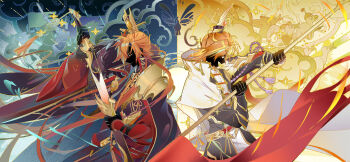 2boys :d arm_guards armor army asymmetrical_sleeves back-to-back belt bird black_cape black_coat black_robe black_skin cape chinese_clothes circlet closed_eyes closed_mouth cloud coat colored_skin cowboy_shot dao_(weapon) dr.k dual_persona duck flag from_side fur-trimmed_cape fur_trim gold_trim hair_between_eyes highres holding holding_flag holding_sword holding_weapon horse long_hair long_sleeves male_focus medium_hair multiple_boys open_mouth orange_hair pants peking_duck_(the_tale_of_food) profile puffy_long_sleeves puffy_sleeves red_belt red_sleeves robe sheath shirt shoulder_armor smile sparkle split_screen sword tassel the_tale_of_food unsheathing weapon white_cape white_pants white_shirt wide_sleeves xiao_guan_(headdress)