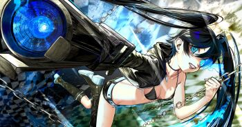 Rule 34 | 1girl, arm cannon, belt, bikini, bikini top only, black bikini, black boots, black hair, black jacket, black rock shooter, black rock shooter (character), black shorts, blue eyes, boots, breasts, chain, clenched teeth, commentary, cropped jacket, english commentary, flaming eye, highres, holding, holding chain, jacket, long hair, looking at viewer, open clothes, open jacket, shorts, small breasts, solo, swimsuit, teeth, twintails, weapon, white belt, zontik2404