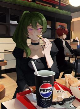 1boy 1girl 2others absurdres artist_name black_choker black_dress bow bow_panties c: choker commentary contemporary dress eating english_text fast_food food french_fries glowing glowing_eyes green_hair high_side_ponytail highres indoors inkspirate juliet_sleeves kfc long_sleeves looking_at_viewer multiple_others panties pepsi puffy_sleeves purple_eyes red_hair restaurant short_hair smile sousou_no_frieren stark_(sousou_no_frieren) stool table twitter_username twitter_x_logo ubel_(sousou_no_frieren) underwear unworn_panties white_panties