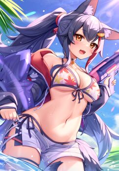 1girl animal_ear_fluff animal_ears bikini bikini_under_clothes black_choker black_hair black_jacket blue_sky blush breasts choker deaver fang floating_hair hair_ornament highres holding holding_swim_ring holding_water_gun hololive innertube jacket large_breasts leaf_print long_hair maple_leaf_print multicolored_hair navel off_shoulder ookami_mio ookami_mio_(hololive_summer_2019) open_fly open_mouth orange_eyes ponytail red_hair short_shorts shorts side-tie_bikini_bottom sidelocks skindentation sky solo stomach streaked_hair swim_ring swimsuit tail thigh_strap two-tone_hair very_long_hair virtual_youtuber wading water water_drop water_gun white_shorts wolf_ears wolf_girl wolf_tail