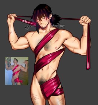 1boy abs aizawa_shota bara beard black_hair blush boku_no_hero_academia chest_hair closed_mouth commentary cowboy_shot ear_piercing english_commentary facial_hair ficel_art hair_between_eyes highres leg_hair male_focus male_pubic_hair medium_hair meme motion_lines muscular muscular_male mustache_stubble naked_ribbon navel nipples nude_guy_wrapped_in_ribbons_standing_(meme) pectorals photo-referenced piercing pubic_hair purple_ribbon reference_inset ribbon scar scar_on_arm scar_on_chest scar_on_leg solo stubble sweatdrop