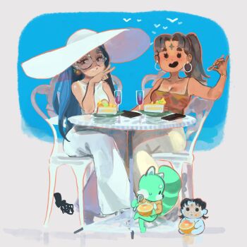 2girls alternate_costume bandeau blue_hair borrowed_character breasts brown_hair cake cake_slice casual chair cleavage cup dress drink drinking_glass earrings facial_mark food food-themed_earrings food_on_face food_themed_earrings forehead_mark freckles fruit garlic_(keziedra) garlic_plushie glasses grin hat highres holding holding_food holding_fruit holding_spoon hoop_earrings jewelry keziedra long_hair multiple_girls on_chair open_mouth orange-shaped_earrings orange_(fruit) orange_outline orange_slice original outline ponytail round_eyewear sitting sleeveless sleeveless_dress smile sofia_(gaziter) spoon strapless stuffed_toy sun_hat table tan tanline tube_top v white_dress white_hat wine_glass