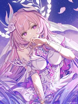 1girl absurdres bare_shoulders breasts bridal_veil cyrene_(honkai:_star_rail) cyrene_(ripples_of_past_reverie)_(honkai:_star_rail) diamond-shaped_pupils diamond_(shape) dress earrings flower hair_flower hair_ornament halo hashtag-only_commentary highres honkai:_star_rail honkai_(series) jewelry large_breasts long_hair looking_at_viewer pink_hair pointy_ears purple_eyes sky smile solo star_(sky) starry_sky symbol-shaped_pupils veil very_long_hair white_dress yuma_(mron_322)