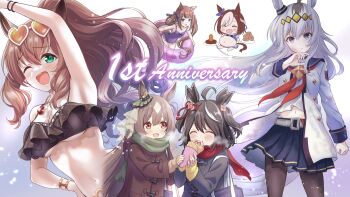 6+girls ahoge animal_ears armpits bag bare_shoulders big_belly bikini black_bikini black_coat black_hair black_pantyhose blue_eyes blue_sailor_collar blue_skirt blush bow braid braided_hair_rings breasts breath brooch brown-tinted_eyewear brown_coat brown_eyes brown_hair carrot_hamburger_steak cleavage closed_eyes closed_mouth coat commentary_request crepe donut double-parted_bangs ear_bow ear_ornament ear_ribbon eyewear_on_head fat fat_woman food green_eyes green_scarf grey_hair grey_tail hair_between_eyes hair_rings hairband half_up_braid heart heart-shaped_eyewear highres holding holding_crepe holding_food holding_swim_ring horse_ears horse_girl horse_tail innertube jacket jewelry kitasan_black_(umamusume) large_breasts long_hair long_sleeves looking_at_viewer maruzensky_(hot_summer_night)_(umamusume) maruzensky_(umamusume) midriff multicolored_hair multiple_girls navel neckerchief necocafe_lili official_alternate_costume oguri_cap_(starlight_beat)_(umamusume) oguri_cap_(umamusume) one-piece_swimsuit one_eye_closed open_mouth orange-tinted_eyewear pantyhose plate pleated_skirt purple_eyes purple_one-piece_swimsuit red_neckerchief red_scarf ruffle_bikini sailor_collar satono_diamond_(umamusume) scarf school_bag school_uniform shirt short_hair short_sleeves skirt small_breasts smile special_week_(umamusume) star_brooch stomach streaked_hair sunglasses sweep_tosho_(umamusume) swim_ring swimsuit tail tinted_eyewear tracen_school_uniform twintails two-tone_hair umamusume very_long_hair white-framed_eyewear white_hair white_jacket white_shirt winter_clothes winter_coat
