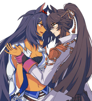 2girls animal_ears bandaid bandaid_on_face bandaid_on_nose bandeau black_hair blue_bandeau blue_hair blue_skirt blush breasts brown_hair cleavage closed_mouth coat dark-skinned_female dark_skin ear_ornament ear_scrunchie epaulettes fang fingerless_gloves gloves hair_between_eyes hair_ornament hairclip highres hishi_amazon_(azure_amazon)_(umamusume) hishi_amazon_(umamusume) holding_another&#039;s_wrist horse_ears horse_girl horse_tail hwipa_(param_blue) jacket long_hair long_sleeves looking_at_another midriff multiple_girls narita_brian_(maverick)_(umamusume) narita_brian_(umamusume) navel open_mouth pink_gloves plaid_clothes plaid_skirt ponytail red_eyes red_scrunchie rope scrunchie shimenawa shirt simple_background single_epaulette single_sleeve skirt smile stomach tail two-tone_bandeau two-tone_shirt two-tone_skirt umamusume upper_body very_long_hair white_background white_bandeau white_coat white_skirt yellow_eyes