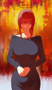 1girl black_dress black_halo braid braided_ponytail breasts chainsaw_man closed_mouth dress halo highres large_breasts light_smile long_hair looking_at_viewer makima_(chainsaw_man) orange_eyes own_hands_together red_hair rhest ringed_eyes sidelocks solo