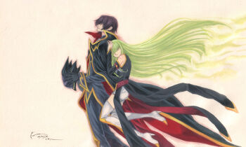 1boy 1girl absurdres bare_shoulders black_coat black_gloves black_hair black_helmet black_jacket black_pants black_sleeves boots coat code_geass detached_sleeves dominic_ian_cabatit floating from_side gloves gold_trim green_hair hair_over_eyes helmet high_heel_boots high_heels highres holding holding_unworn_helmet jacket leaning_on_person lelouch_vi_britannia long_hair long_sleeves looking_up male_focus pants profile red_coat short_hair shorts thigh_boots traditional_media two-sided_coat two-sided_fabric unworn_headwear unworn_helmet white_boots white_shorts