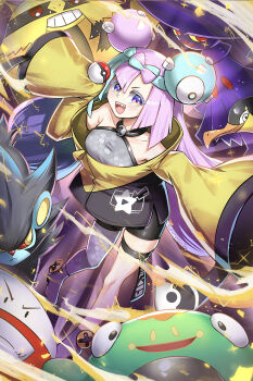 1girl bellibolt bird black_jacket blue_hair blush bow-shaped_hair breasts burnt_green_tea character_hair_ornament colored_sclera criss-cross_halter double_bun electivire electricity electrode_(pokemon) gen_4_pokemon ghost grey_pantyhose group_picture hair_bun hair_ornament halter_shirt halterneck hexagon_print highres holding holding_poke_ball iono_(pokemon) jacket kilowattrel long_hair long_sleeves looking_at_viewer luxray mismagius multicolored_hair multicolored_jacket nintendo open_mouth oversized_clothes pantyhose pink_hair poke_ball poke_ball_(basic) pokemon pokemon_sv purple_eyes purple_hair red_eyes sharp_teeth shirt single_leg_pantyhose sleeves_past_fingers sleeves_past_wrists smile split-color_hair teeth two-tone_hair two-tone_jacket wide_sleeves yellow_jacket