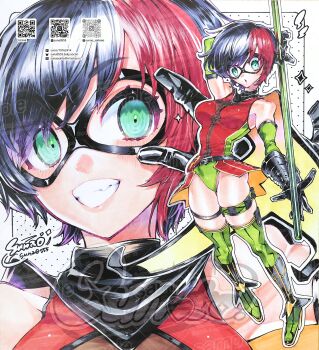 1girl aqua_eyes arm_up black_gloves black_hair boots commentary dc_comics english_commentary gloves green_boots grin highres holding holding_staff leotard looking_at_viewer looking_to_the_side mask multicolored_hair multiple_views qr_code red_hair ringed_eyes robin_(dc) short_hair smile solo staff sunao_saito superhero_costume thigh_boots thigh_strap watermark