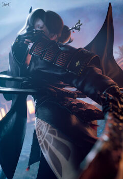 Rule 34 | 1girl, 3d, absurdres, akeha (nier reincarnation), armor, artist logo, black hair, blender (medium), commentary, english commentary, highres, japanese armor, kote, kusazuri, leg tattoo, logo, looking at viewer, looking back, mask, nier (series), nier reincarnation, outdoors, red eyes, seven (sixplusone), sheath, sheathed, solo, sword, tattoo, weapon