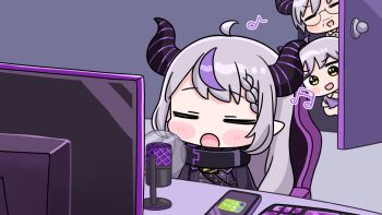 1girl 2boys :d :o ahoge beamed_eighth_notes black_dress braid braided_bangs brother_and_sister brown_shirt cellphone chair chibi closed_eyes collared_shirt commentary_request computer_keyboard demon_horns desk dress eighth_note facial_hair father_and_daughter grey_hair highres hololive horns indoors la+_darknesss la+_darknesss_(1st_costume) long_hair mochimiko monitor multicolored_hair multiple_boys music musical_note mustache office_chair on_chair open_door open_mouth phone pointy_ears purple_hair shirt siblings singing smile solo_focus streaked_hair stubble sweater_vest swivel_chair virtual_youtuber