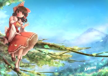 Rule 34 | 1girl, artist name, ascot, blue sky, boots, bow, brown hair, cloud, commentary request, day, detached sleeves, fold-over boots, frilled bow, frilled hair tubes, frilled skirt, frills, full body, hair bow, hair tubes, hakurei reimu, kakera (comona base), lace-up boots, long hair, looking at viewer, mountain, one eye closed, open mouth, outdoors, red bow, red eyes, red skirt, ribbon-trimmed skirt, ribbon-trimmed sleeves, ribbon trim, sitting, sitting on branch, skirt, skirt set, sky, smile, solo, torii, touhou, waving, white boots, yellow ascot