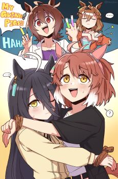 Rule 34 | ..., 4girls, :d, ?, agnes tachyon (umamusume), ahoge, animal ears, arms around neck, arms around waist, belt, between fingers, black belt, black hair, black jacket, black ribbon, blush, bound, bound wrists, brown hair, chemical structure, closed eyes, closed mouth, colored tips, commentary, cracking knuckles, dantsu flame (umamusume), ear covers, ear ornament, earrings, english text, hair between eyes, hair ornament, hairband, hairclip, highres, holding, holding syringe, holding test tube, horse ears, horse girl, horse tail, jacket, jam (umamusume), jewelry, jungle pocket (casual) (umamusume), jungle pocket (umamusume), lab coat, long bangs, long hair, long sleeves, manhattan cafe (casual) (umamusume), manhattan cafe (umamusume), mazu1kan, multicolored hair, multiple girls, neck ribbon, one eye closed, open mouth, orange jacket, pink hairband, purple shirt, red eyes, ribbon, shirt, single earring, smile, spoken ellipsis, spoken question mark, symbol-only commentary, syringe, tail, test tube, two-tone hair, umamusume, white hair, white shirt, yellow eyes, yellow shirt