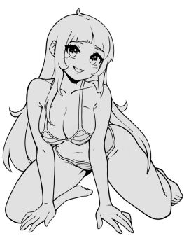 1girl arched_bangs armpit_crease bikini breasts cleavage collarbone commentary english_commentary full_body greyscale kneeling large_breasts lineart long_hair looking_at_viewer monochrome oninuer original simple_background smile solo striped_bikini striped_clothes swimsuit white_background