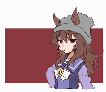 Rule 34 | 1girl, animal ears, beanie, beer hsk, bow, brown background, brown hair, closed mouth, commentary request, cropped torso, ears through headwear, grey hat, hat, horse ears, long hair, looking at viewer, mouth hold, nakayama festa (umamusume), purple shirt, red eyes, school uniform, shirt, solo, tracen school uniform, two-tone background, umamusume, upper body, white background, white bow