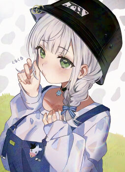 Rule 34 | 1girl, absurdres, asa going, black choker, blue overalls, blush, braid, breasts, bucket hat, choker, closed mouth, commentary request, green eyes, grey hair, hands up, hat, highres, hololive, large breasts, long sleeves, looking at viewer, medium hair, overalls, shirogane noel, shirt, single braid, snowflake choker, solo, twirling hair, upper body, virtual youtuber, white shirt