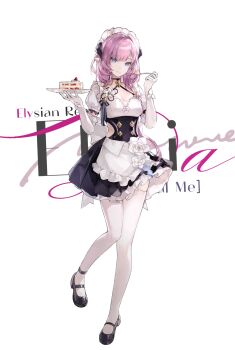 Rule 34 | 1girl, 9953613546, absurdres, apron, black dress, blue eyes, breasts, butterfly hair ornament, cake, cake slice, chinese commentary, cleavage, clothing cutout, commentary request, dress, elf, elysia (honkai impact), elysia (miss pink) (honkai impact), elysia (miss pink elf) (honkai impact), english text, food, gloves, hair ornament, highres, holding, holding plate, holding spoon, honkai (series), honkai impact 3rd, large breasts, long hair, maid, maid apron, maid headdress, official alternate costume, pink hair, plate, pointy ears, side cutout, simple background, smile, solo, spoon, very long hair, white apron, white gloves