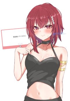 1girl armlet aziazi014 black_choker breasts choker closed_mouth commentary_request crop_top gionji_yukine hair_ornament highres jewelry medium_hair midriff navel odaibako red_eyes red_hair request_inset shine_post solo sweatdrop twitter_username
