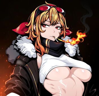 Rule 34 | 1girl, absurdres, alkaid exec, armpits, black background, black jacket, black scarf, blonde hair, breasts, breath weapon, breathing fire, bright pupils, cigarette, commentary, crop top, embers, english commentary, fire, fur trim, goggles, goggles on head, hairband, highres, hololive, hololive indonesia, jacket, kaela kovalskia, kaela kovalskia (1st costume), large breasts, looking to the side, medium hair, open clothes, open jacket, red eyes, red hairband, scarf, shirt, smoking, solo, underboob, upper body, virtual youtuber, white pupils, white shirt