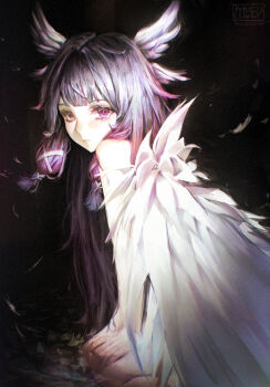 1girl bare_shoulders black_background black_hair columbina_(genshin_impact) feathered_wings genshin_impact head_wings highres kneeling long_hair meepisblue sitting solo wings