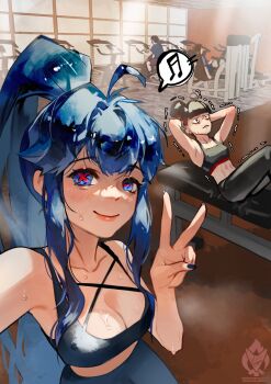 2girls 2others black_hair black_sports_bra blue_eyes blue_hair blue_sports_bra breasts cleavage exercising gym hair_bun highres long_hair looking_at_viewer medium_breasts multiple_girls multiple_others musical_note original pants ponytail selfie sit-up smile speech_bubble spoken_musical_note sports_bra sweat symbol-shaped_pupils v x-shaped_pupils yeougui yoga_pants yuan_(yeougui) yuki_(yeougui)