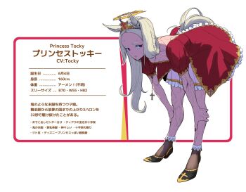 1girl animal_ears artist_self-insert bent_over black_shoes blonde_hair brown_socks cross cross_necklace dress fingernails halo height high_heels highres horse_ears horse_tail jewelry latin_cross long_hair looking_at_viewer nail_polish necklace original parted_lips puffy_short_sleeves puffy_sleeves red_dress red_eyes red_nails shoes short_sleeves socks solo sweat tail three_sizes tocky umamusume