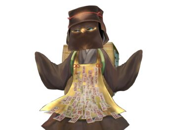 Rule 34 | 1girl, apron, arms at sides, black hair, blue eyes, box, brown hat, brown kimono, game cg, hat, japanese clothes, kagetsumugi (mon-musu quest!), kimono, large variant set, mask, mon-musu quest!, mon-musu quest: paradox, ofuda, outstretched arms, red ribbon, ribbon, short hair, un do, variant set, yellow apron