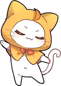 ahoge animal animal_focus bow bowtie cat cherilynorz chinese_commentary cloak closed_eyes closed_mouth clothed_animal commentary_request ear_covers happy hood hood_up hooded_cloak infinity_nikki light_blush momo_(nikki) navel nikki_(series) no_humans orange_bow orange_bowtie outstretched_arms pawpads smile solo traditional_bowtie transparent_background variant_set whiskers white_cat yellow_cloak
