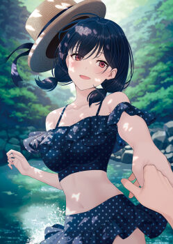 1girl 1other :d bare_shoulders bikini bikini_skirt black_bikini black_hair blush breasts brown_headwear collarbone commentary_request day hair_between_eyes hat unworn_hat hat_ribbon unworn_headwear highres holding_hands hyuuga_azuri looking_at_viewer low_twintails medium_breasts navel off-shoulder_bikini off_shoulder open_mouth original outdoors pleated_skirt polka_dot polka_dot_bikini pond pov pov_hands pulling red_eyes ribbon rock short_twintails skirt smile solo_focus swimsuit tree twintails water