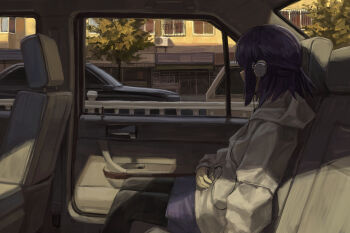 1girl absurdres an_yb black_car black_pantyhose blue_skirt building car car_interior car_seat commentary_request condenser_unit digital_media_player faceless faceless_female feet_out_of_frame from_side grey_hoodie hand_on_own_leg headphones highres holding_digital_media_player hood hood_down hoodie looking_outside medium_hair miniskirt motor_vehicle original pantyhose purple_hair road sitting skirt solo tree