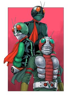 3boys armor border cowboy_shot green_armor green_eyes green_helmet helmet highres in-franchise_crossover kamen_rider kamen_rider_(1st_series) kamen_rider_1 kamen_rider_2 kamen_rider_v3 kamen_rider_v3_(series) kuppipi_ramutarou male_focus multiple_boys red_background red_eyes red_helmet simple_background tokusatsu typhoon_(kamen_rider) white_border