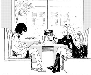 2girls bag blazer booth_seating bow bowtie collared_shirt crossed_legs cup drinking_glass drinking_straw facial_scar food food_in_mouth forehead french_fries from_side hairband highres holding holding_food holding_phone jacket ketchup kirarazaka_marina kneehighs kuze_shizuka loafers long_hair looking_at_phone menu monochrome multiple_girls open_clothes open_jacket phone plate pleated_skirt profile restaurant scar scar_on_cheek scar_on_face school_bag school_uniform shirt shoes short_hair sitting skirt sneakers socks taizan5 takopii_no_genzai window