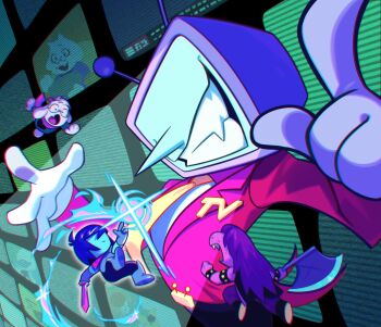 1girl 1other 2boys animal_ears ant_tenna armlet armor armored_boots axe belt belt_buckle black_belt black_boots black_jacket black_pants blue_hair blue_pants blue_skin boots bracelet breastplate buckle cloak closed_mouth colored_skin commentary crt deltarune elnina_(deltarune) english_commentary fang freckles furry furry_female furry_male gauntlets glasses gloves goat_boy goat_ears goat_horns green_cloak grin highres holding holding_axe holding_sword holding_weapon horns jacket jewelry kris_(dark_world)_(deltarune) kris_(deltarune) lanino_(deltarune) long_hair luaudrey multiple_boys necktie object_head open_mouth pants pink_horns pink_scarf pointy_nose purple_hair purple_pants ralsei scarf shirt short_hair smile susie_(dark_world)_(deltarune) susie_(deltarune) sword tailcoat toriel utdr_(toby_fox) weapon white_gloves white_shirt yellow_necktie