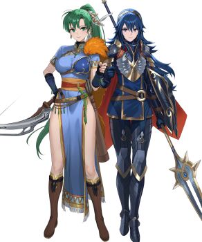2girls armor belt blue_eyes blue_gloves blue_hair boots bow_(weapon) brand_of_the_exalt breastplate breasts earrings fingerless_gloves fire_emblem fire_emblem:_the_blazing_blade fire_emblem_awakening fire_emblem_heroes fist_bump gloves green_eyes green_hair highres holding holding_polearm holding_weapon jewelry large_breasts long_hair looking_at_viewer lucina_(brave_princess)_(fire_emblem) lucina_(fire_emblem) lyn_(brave_lady)_(fire_emblem) lyn_(fire_emblem) multiple_girls nintendo non-web_source o-ring o-ring_belt official_alternate_costume official_art pelvic_curtain polearm ponytail shield smile tachi-e tiara very_long_hair weapon