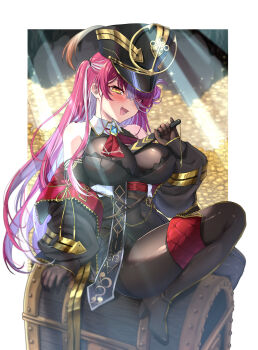 Rule 34 | 1girl, :d, absurdres, arm support, ascot, asymmetrical hair, bare shoulders, black bodystocking, black boots, black gloves, black hat, black jacket, black leotard, black skirt, blue gem, blush, bodystocking, boots, breasts, brooch, coin, colored inner hair, comiket 101, commentary request, covered navel, fan between breasts, fold-over boots, folded fan, folding fan, gem, gloves, gold coin, gold trim, grey hair, grey streaks, hair bun, hair over one eye, hand fan, hat, heterochromia, high-waist skirt, high heel boots, high heels, highres, holding, holding fan, hololive, houshou marine, houshou marine (marching band), jacket, jewelry, lace-trimmed leotard, lace trim, large breasts, leotard, light rays, long hair, long sleeves, looking at viewer, minatasiro, multicolored hair, official alternate costume, official alternate hair length, official alternate hairstyle, one side up, open mouth, plume, red ascot, red eyes, red hair, see-through cleavage, see-through clothes, shako cap, showgirl skirt, side up bun, single side bun, sitting on chest, skirt, smile, solo, strapless, strapless leotard, streaked hair, thigh boots, treasure chest, two-sided fabric, two-sided jacket, underbust, very long hair, virtual youtuber, yellow eyes