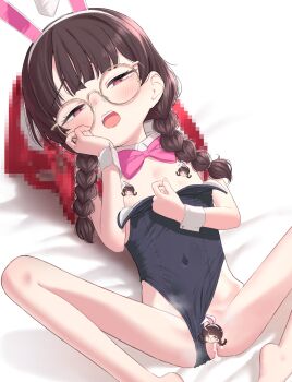 1girl akashi_rokurou animal_ears black_leotard bow bowtie braid censored censored_nipples clothing_aside detached_collar fake_animal_ears glasses highres leotard leotard_aside loli novelty_censor original paid_reward_available pink_bow pink_bowtie playboy_bunny rabbit_ears solo strapless strapless_leotard twin_braids wrist_cuffs