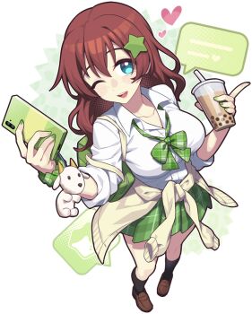 1girl ;d bag black_socks blue_eyes blush bow bowtie breasts brown_hair bubble_tea cardigan cardigan_around_waist cellphone clothes_around_waist collarbone collared_shirt commentary_request cup disposable_cup drinking_straw emma_verde freckles full_body green_bow green_bowtie green_nails green_skirt gyarugasaki hair_ornament heart holding holding_cup holding_phone large_breasts loafers long_hair long_sleeves looking_at_viewer love_live! love_live!_nijigasaki_high_school_idol_club nail_polish official_alternate_costume official_alternate_hairstyle one_eye_closed open_mouth phone plaid_clothes plaid_skirt pleated_skirt scrunchie shirt shoes shoulder_bag skirt smartphone smile socks solo star_(symbol) star_hair_ornament stuffed_goat transparent_background waste-man white_shirt wrist_scrunchie
