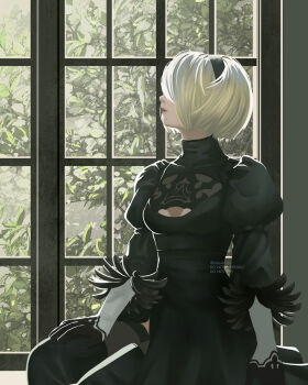 1girl 2b_(nier:automata) 2boys arm_support black_boots black_dress black_gloves black_hairband black_thighhighs boots breasts cleavage cleavage_cutout closed_mouth clothing_cutout commentary dress english_commentary feather-trimmed_sleeves feet_out_of_frame gloves grey_hair hairband highres juliet_sleeves lips long_sleeves looking_to_the_side medium_breasts mitsuki_nite mole mole_under_mouth multiple_boys nier:automata nier_(series) plant profile puffy_sleeves short_hair sitting solo thigh_boots thighhighs thighhighs_under_boots turtleneck turtleneck_dress window