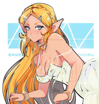 1girl alternate_costume bangle bare_shoulders blonde_hair blue_eyes bracelet braid breasts cleavage collarbone commentary cresscin crown_braid dress english_commentary frown gold_choker hair_ornament hairclip jewelry long_hair medium_breasts nintendo parted_bangs pointy_ears princess_zelda sideboob sidelocks solo spaghetti_strap strap_slip the_legend_of_zelda the_legend_of_zelda:_breath_of_the_wild upper_body watermark white_background white_dress