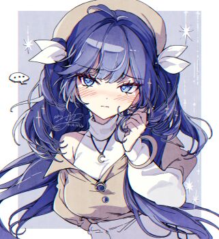 ... 1girl ahoge alternate_costume alternate_hairstyle bare_shoulders blue_eyes blue_hair blush border breasts brown_hat closed_mouth commentary_request crescent crescent_necklace grey_background hair_ribbon hand_up hat highres holding holding_own_hair iuno_(wuthering_waves) jewelry korean_commentary large_breasts long_hair multicolored_hair necklace ribbon shirt sideways_glance solo spoken_ellipsis streaked_hair sw_haze upper_body white_border white_ribbon white_shirt wuthering_waves