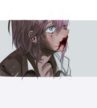 Rule 34 | 1boy, absurdres, adam's apple, amemura ramuda, blood, blood from mouth, blood on face, blue eyes, collared shirt, commentary request, eyelashes, hair between eyes, highres, hypnosis mic, letterboxed, looking ahead, male focus, pink hair, shirt, short hair, tanpopo (uokobn), white shirt