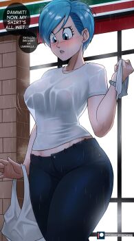 1girl absurdres bag bead_bracelet beads black_pants blue_eyes blue_hair bracelet bulma commentary cowboy_shot dragon_ball dragon_ball_super echo_saber english_commentary english_text hand_up highres jewelry midriff_peek outdoors pants parted_lips plastic_bag rain see-through_clothes shirt short_hair short_sleeves solo speech_bubble standing thighs wet wet_clothes white_shirt