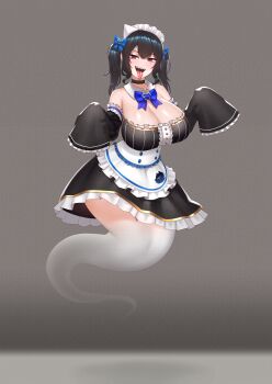 1girl absurdres alternate_breast_size_(larger) alternate_costume alternate_form apron bare_shoulders black_hair black_sleeves blue_hair blush breasts cipher4109 colored_inner_hair commentary detached_sleeves dress english_commentary frills full_body ghost_girl ghost_tail highres hololive hololive_english indie_virtual_youtuber large_breasts long_hair long_sleeves looking_at_viewer maid maid_apron maid_headdress mint_fantome mole mole_under_eye multicolored_hair nerissa_ravencroft open_mouth red_eyes smile solo thighs tongue tongue_out two-tone_hair very_long_hair virtual_youtuber white_apron