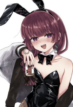 1girl alcohol animal_ears blush bocchi_the_rock! highres hiroi_kikuri looking_at_viewer marumaruru open_mouth purple_eyes purple_hair rabbit rabbit_ears simple_background solo