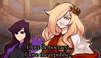 Rule 34 | 2girls, armor, blonde hair, breastplate, brown eyes, brown hair, centurii-chan, english text, greco-roman clothes, highres, legate (centurii-chan), long hair, meeting, multiple girls, muscle cuirass, original, parody, praetorian (centurii-chan), purple robe, red robe, robe, roman clothes, roman empire, star wars, star wars: attack of the clones, subtitled, yellow eyes