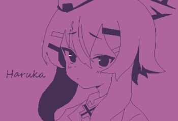 1girl absurdres blue_archive character_name closed_mouth hair_between_eyes hair_ornament hairclip halo haruka_(blue_archive) hashtag-only_commentary highres long_hair looking_at_viewer pixel_art portrait purple_background purple_theme sidelocks simple_background slmnk10124 solo