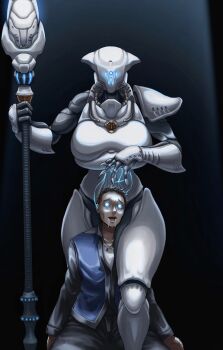 1boy 1girl absurdres alien armor black_background blue_eyes blue_vest breastplate commentary drooling english_commentary full_armor gauntlets grey_armor helldivers_(series) helmet highres holding holding_polearm holding_weapon illuminate_(helldivers) little_sun mind_control overseer_(helldivers) polearm shoulder_armor thick_thighs thigh_armor thighs vest weapon