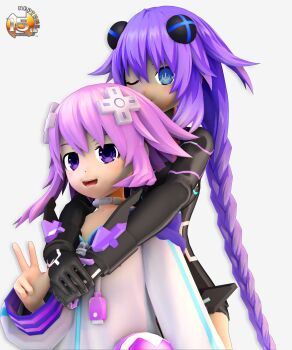 3d absurdres blue_eyes braid choker commentary d-pad d-pad_hair_ornament dual_persona english_commentary gloves hair_ornament highres hood hoodie jewelry leotard long_hair multiple_girls neck_ring neptune_(neptunia) neptune_(series) one_eye_closed open_mouth power_symbol-shaped_pupils purple_eyes purple_hair purple_heart_(neptunia) short_hair sidelocks simple_background smile symbol-shaped_pupils tobojashi usb v white_background white_choker