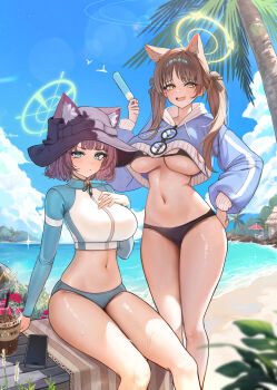 2girls absurdres animal_ears bikini bikini_bottom_only black_bikini blue_archive blue_bikini blue_hoodie blush breasts bubble99 bucket_hat cat_ears closed_mouth commentary_request cropped_jacket eyewear_hang green_halo halo hat highres hood hoodie jacket kemonomimi_mode long_hair looking_at_viewer moe_(blue_archive) moe_(swimsuit)_(blue_archive) multicolored_jacket multiple_girls navel official_alternate_costume open_mouth outdoors rash_guard saki_(blue_archive) saki_(swimsuit)_(blue_archive) side-tie_bikini_bottom smile stomach swimsuit twintails two-tone_jacket underboob unworn_eyewear yellow_eyes yellow_halo